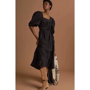 Love The Label Women Sz L Black Poplin  Puff-Sleeve Tiered Dress NWT Romance